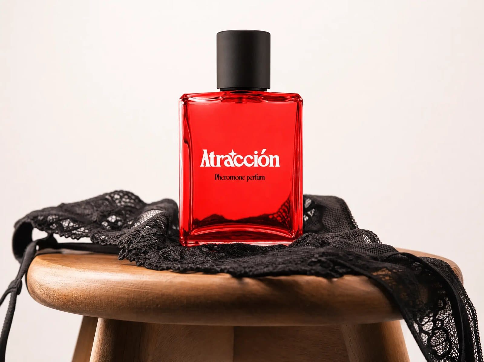 Frasco rojo de Atracción sobre un taburete de madera con encaje negro